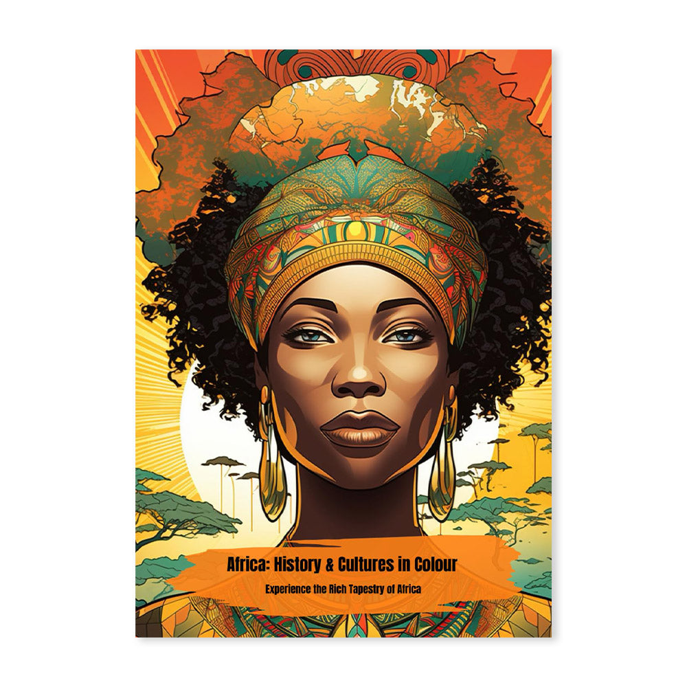The book cover showcases a vibrant illustration of a woman with a headwrap and large earrings, set against a landscape background.