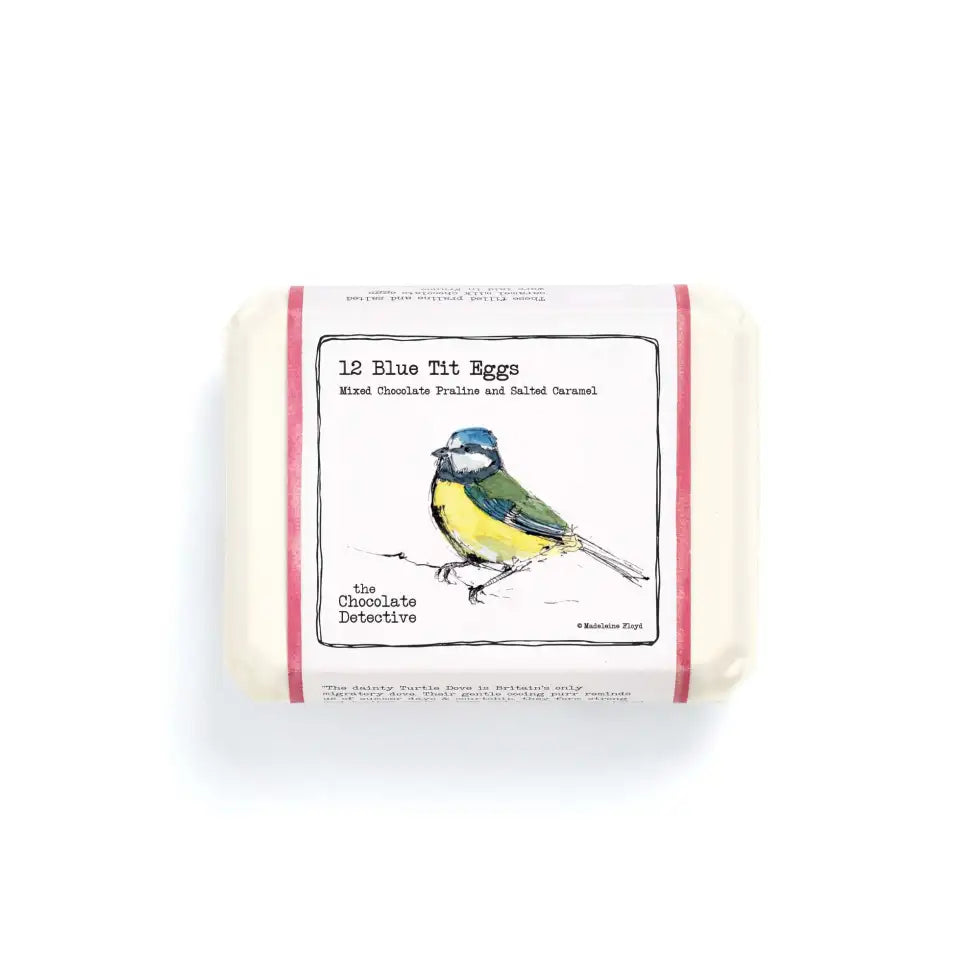 Blue tit chocolate egg box seen from top with a blue tit illustration on the front.