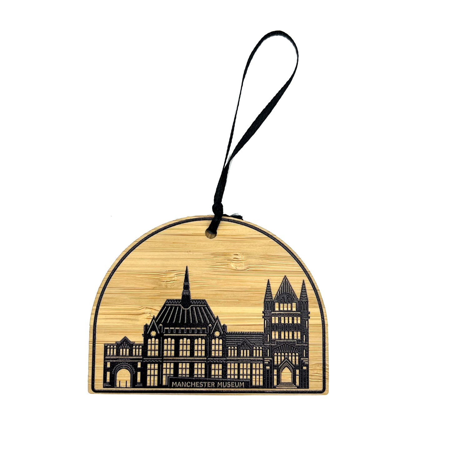 Semi circle bamboo decoration with a drawing of Manchester Museum. Black ribbon. White background.