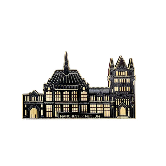 Load image into Gallery viewer, Black and brown magnet in the shape of Manchester Museum - white background
