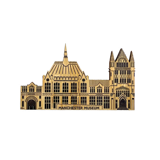Load image into Gallery viewer, Bamboo magnet in the shape of Manchester Museum. White background.
