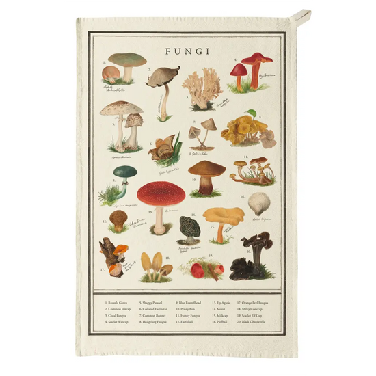 Tea towel with illustrations of various types of fungi on a white background
