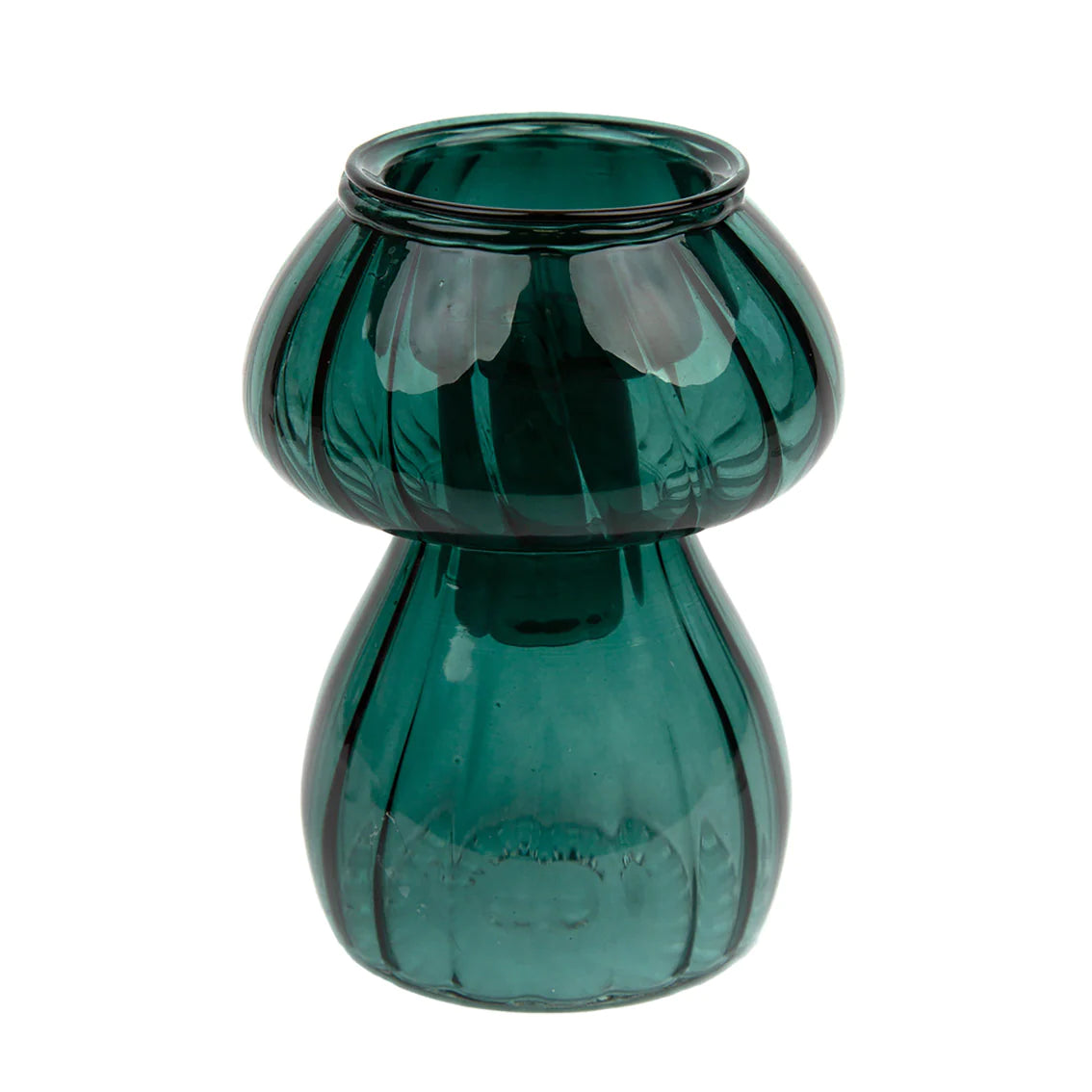 Mushroom shaped glass candle in a dark teal green.