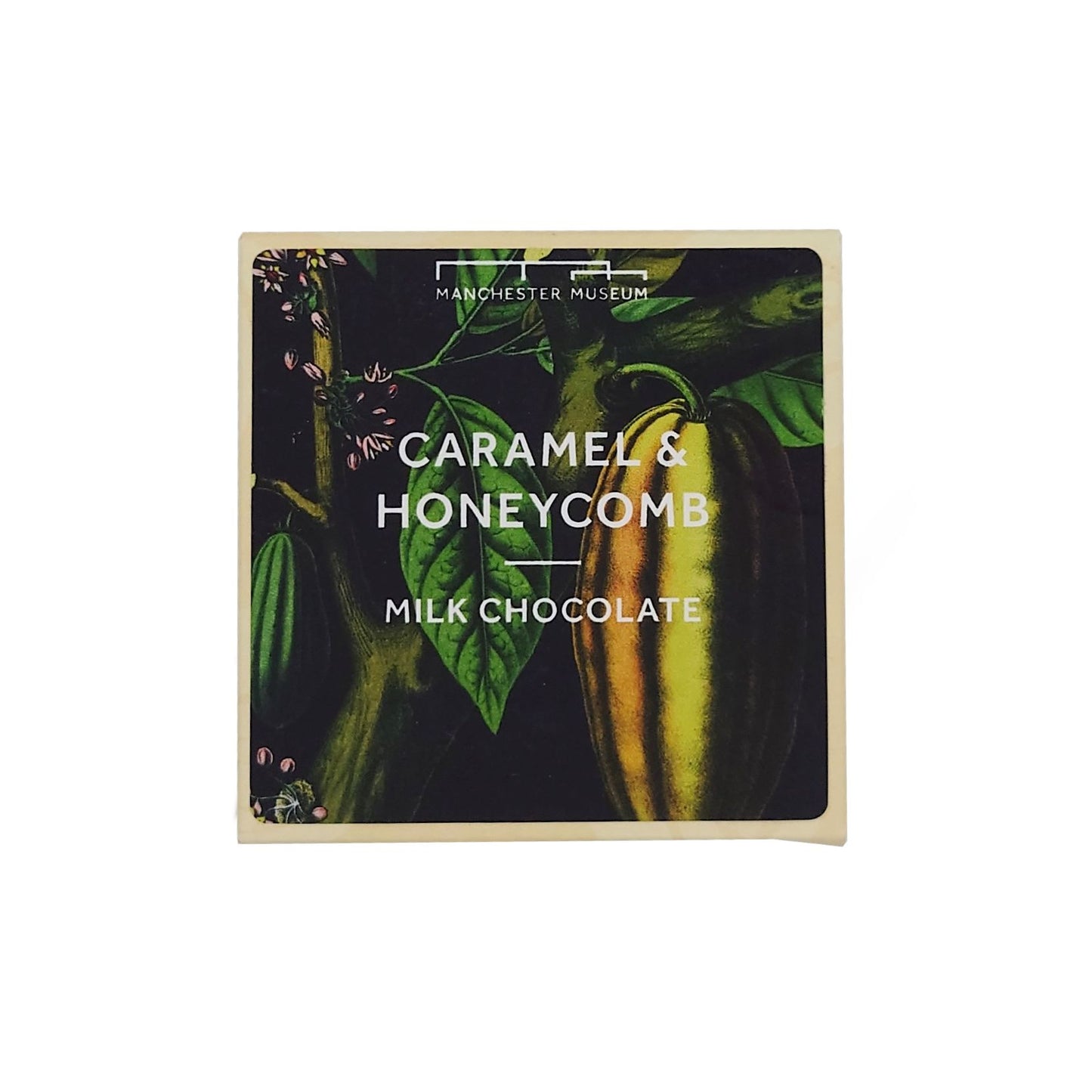 Caramel and honeycomb chocolate square box with a cacao tree and fruit illustration. White text: caramel & honeycomb, milk chocolate.
