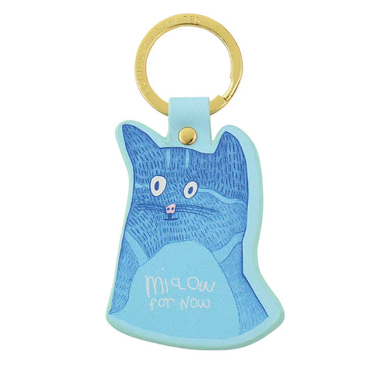 Blue cat-shaped keychain with text on a white background