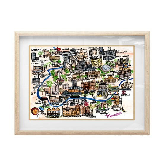 Load image into Gallery viewer, Mounted print with a Manchester city centre illustration with iconic buildings and the river Medlock curving through.
