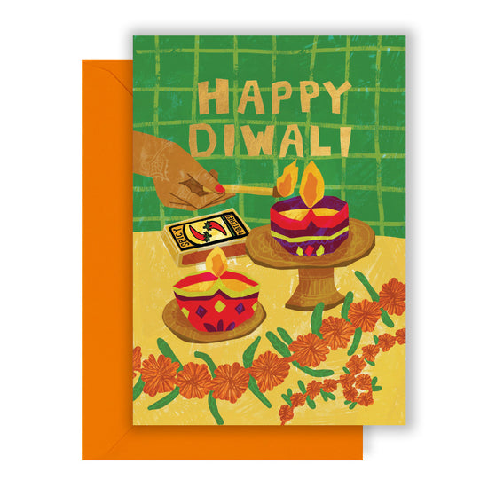 Colourful greetings card in a graphic style with a hand lighting a candle on a small pedestal and another candle already lit below.