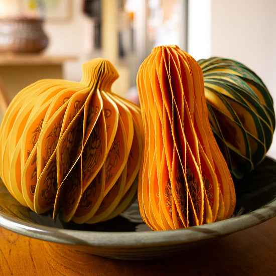 Decorative gourd, squash and pumpkin in a ceramic bowl on a table.