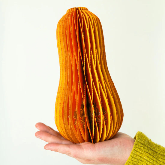 Hand holding a large orange paper squash against a white background.