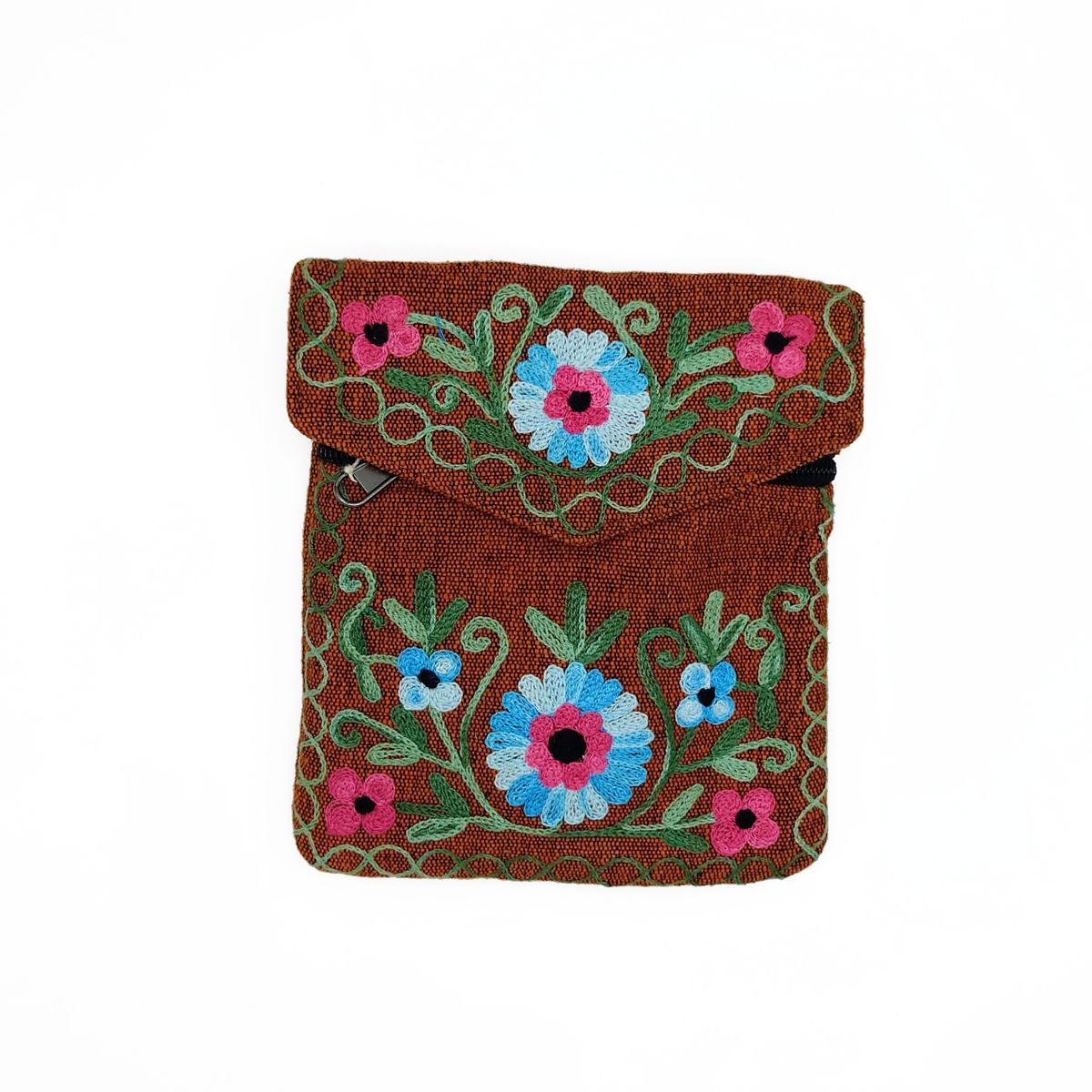 Orange bag with blue and pink flower embroidery.