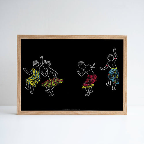 Framed artwork of four dancing figures with colorful skirts on a black background.
