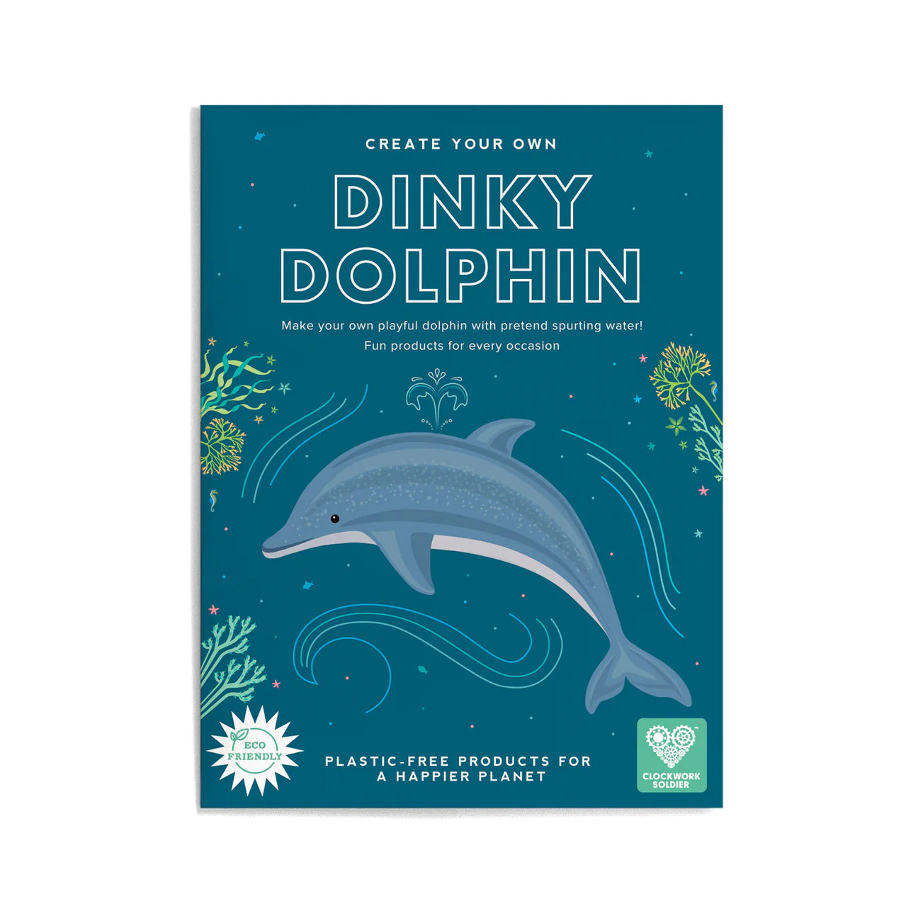 Packaging for a craft kit to make a miniature dolphin out of card. Includes an illustration of a dolphin.