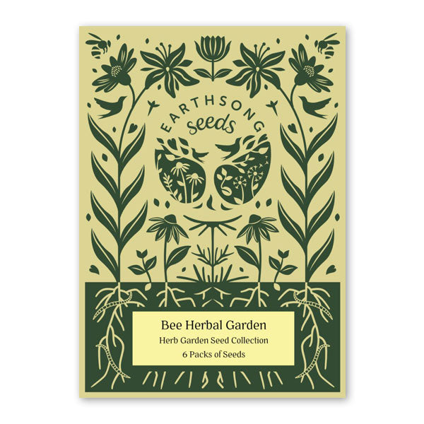 Yellow and green floral illustrated packaging cover for EarthSong seeds Bee Herbal garden. 