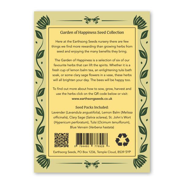 Reverse of green toned illustrated packaging for Earthsong Seeds. Featuring floral border and information about the produt.