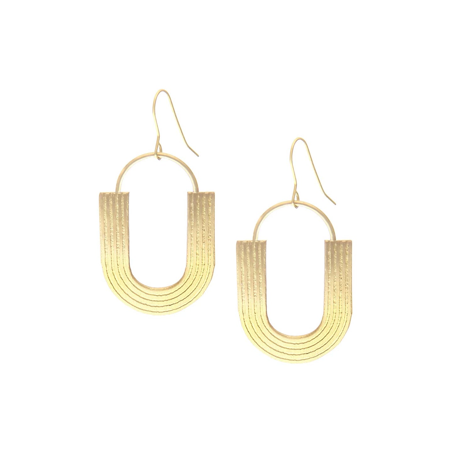 Gold U shaped earrings against a white background.