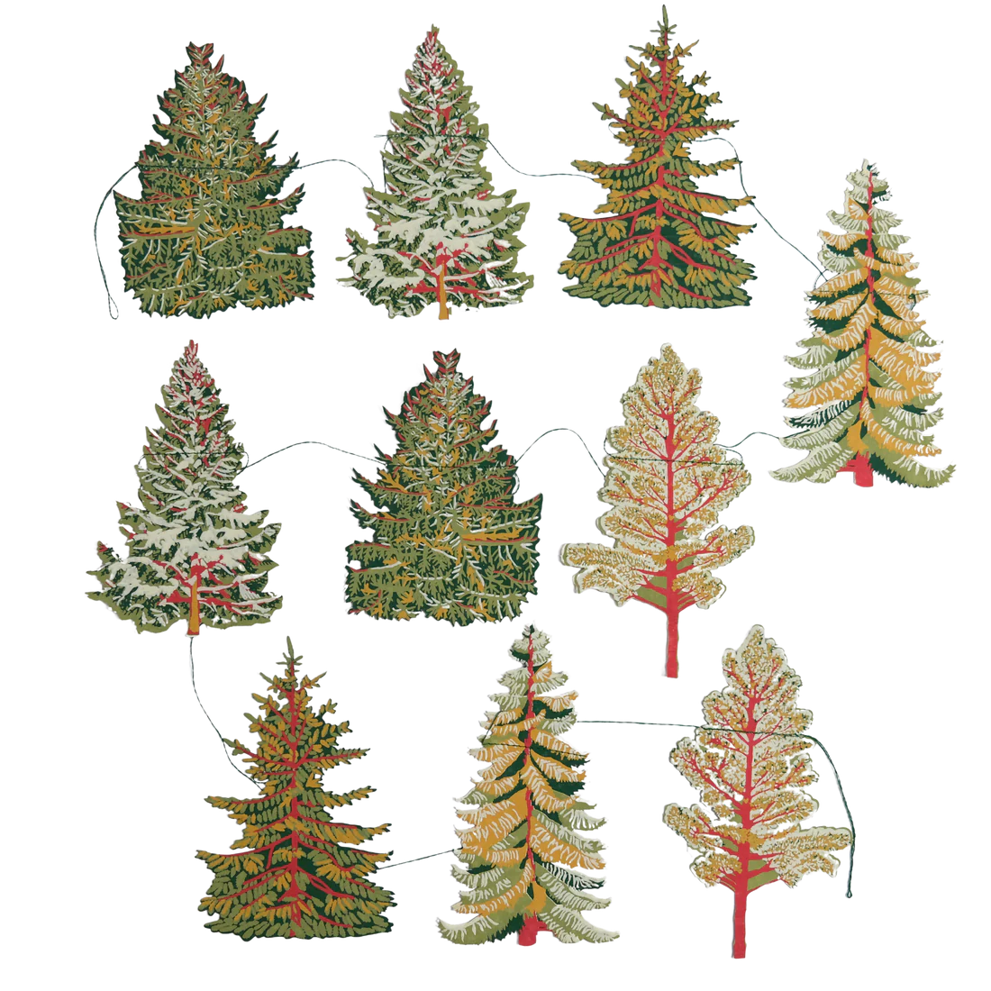 Paper tree decorations against white background.