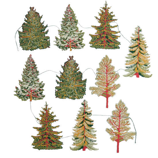 Paper tree decorations against white background.