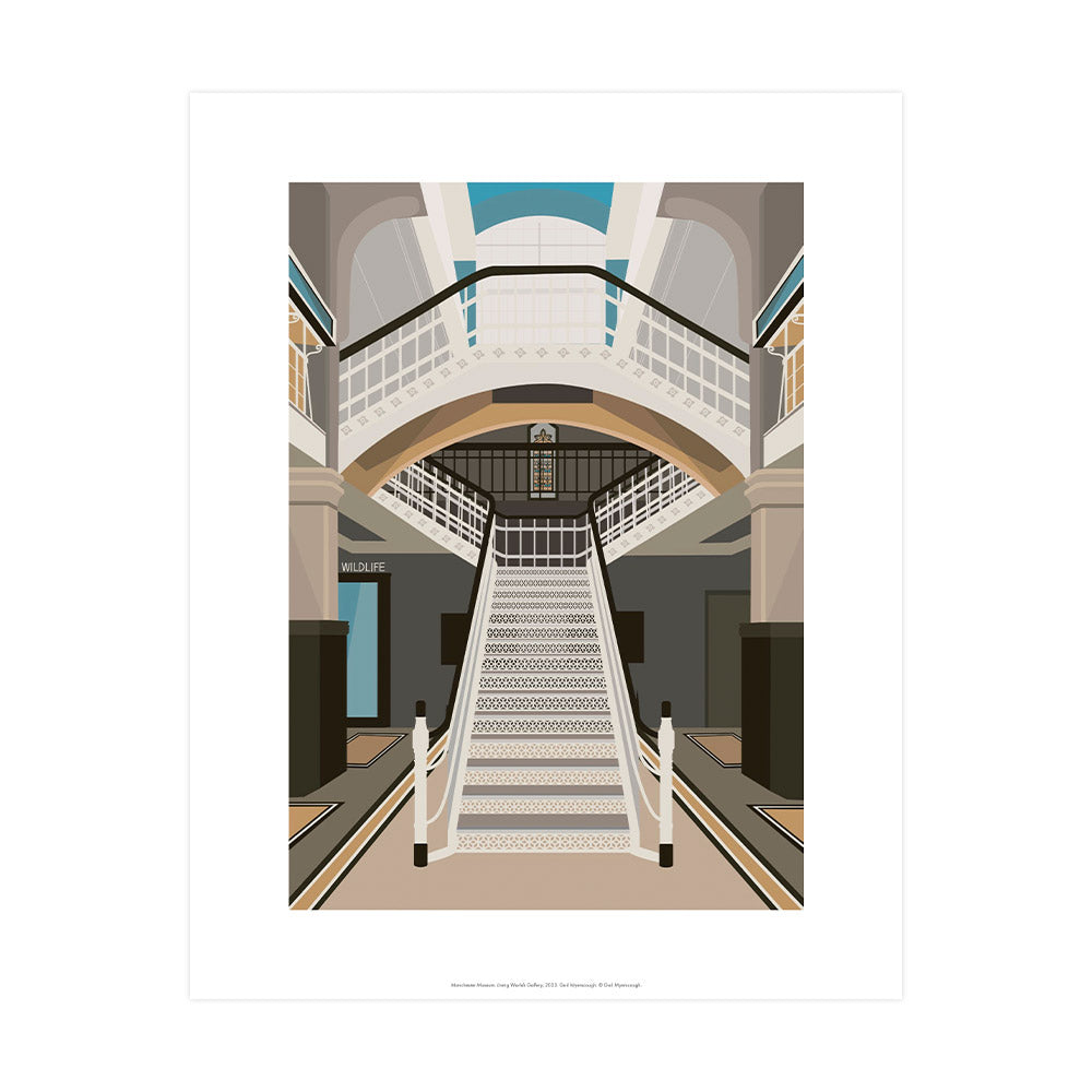 Print illustration of of the Living Worlds gallery at Manchester Museum.