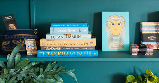 Golden Mummies collection books and products sat on teal shelves