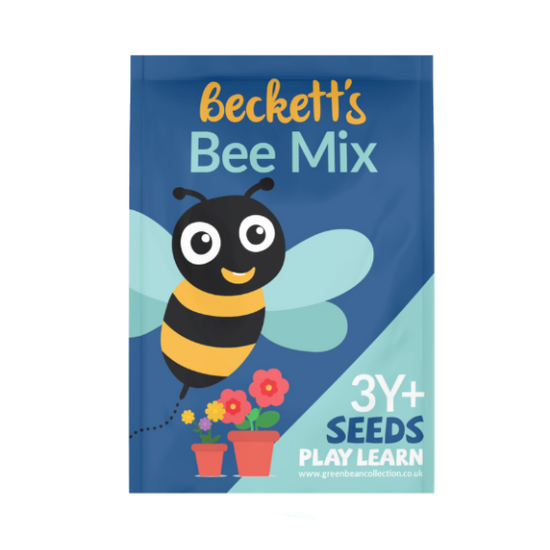 Packaging for a mix of seeds featuring an illustration of a bee.