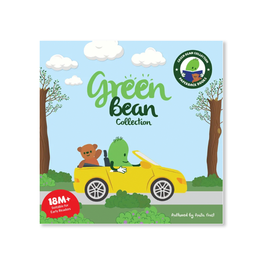 Front cover of a collection of books by Green Bean Studio. Featuring an illustration of a bean driving a yellow car.