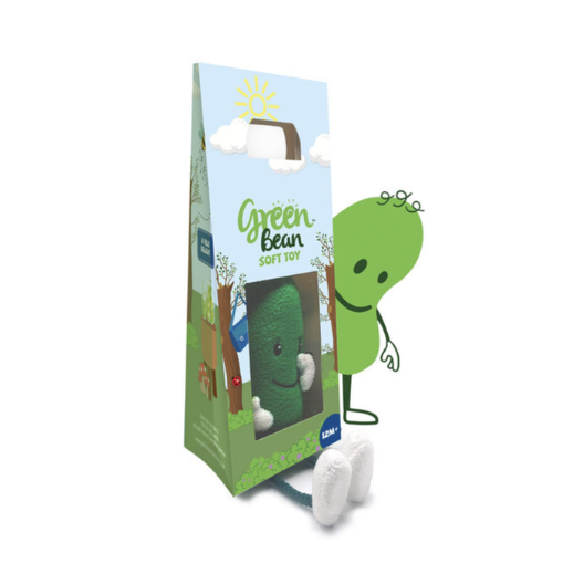 A soft toy in the shape of a green bean, in packaging