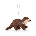 Handcrafted felt otter hanging decoration made from brown wool with a white hanging thread.