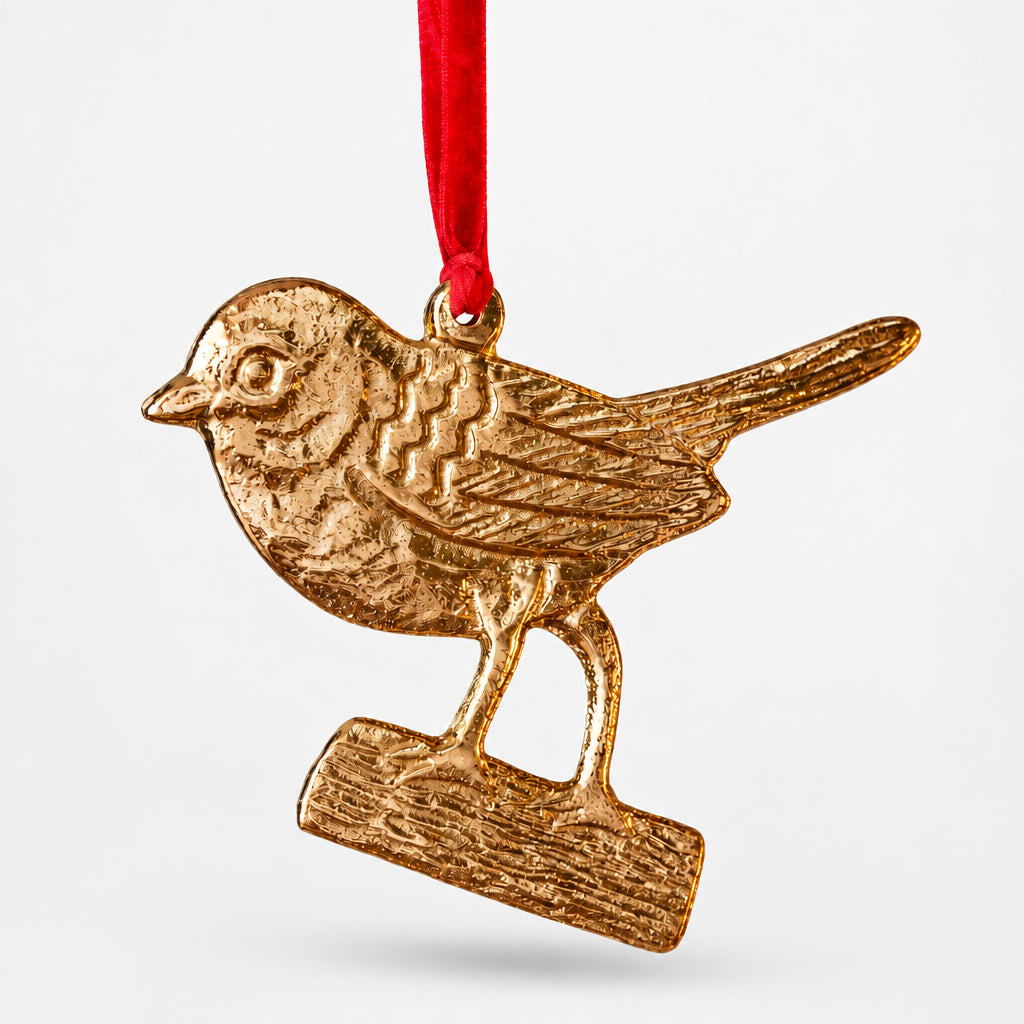 Gold Metal Robin on Branch Decoration with red velvet hanging hoop