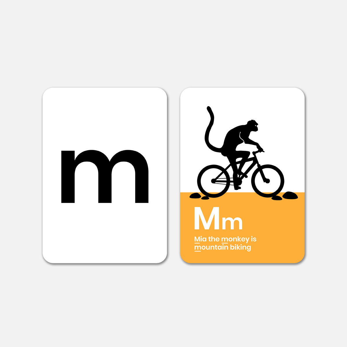 The M card seen from both sides. The one on the left is the plain white card with a black letter m and on the right is a white and orange graphic with a monkey riding a bicycle.