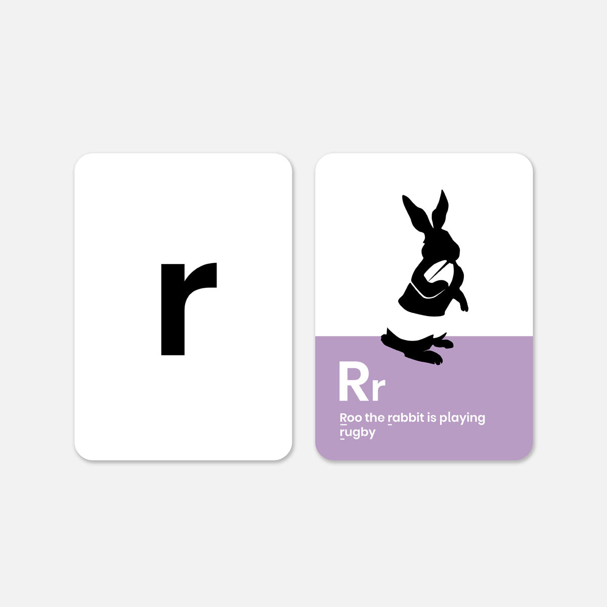 Load image into Gallery viewer, The r card shown front and back with the plain white and black letter r on the left and a purple and white graphic on the right with a black rabbit on its hind legs.
