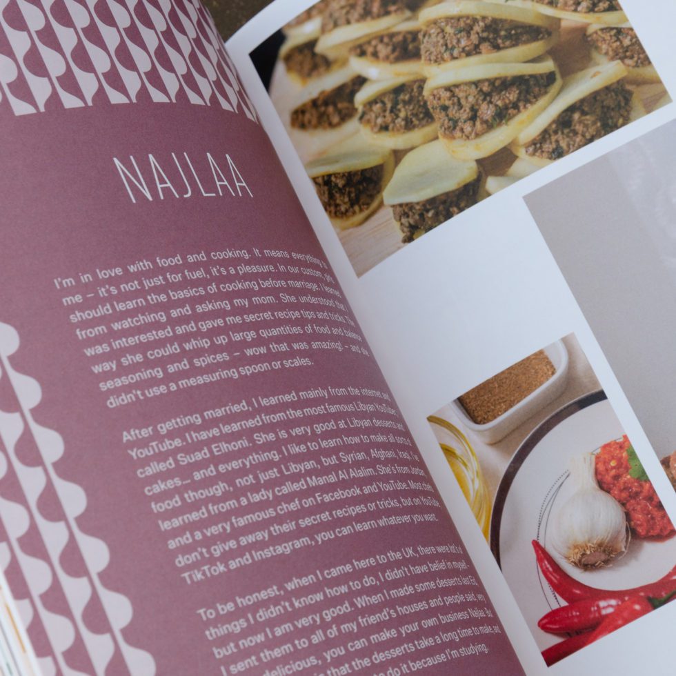 Internal page spread close up showing white text on dusky pink on the left and images of food dishes on the right.