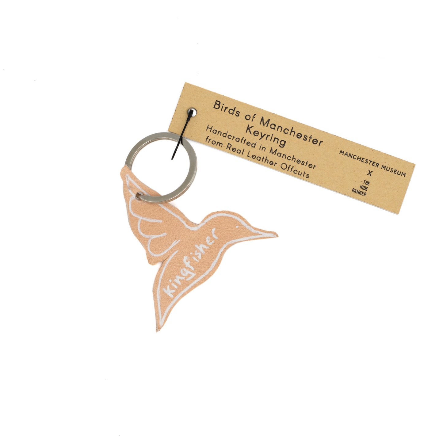 Leather keyring in the shape of a kingfisher - with a Hide Ranger label. 