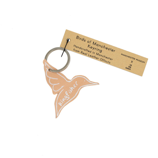 Leather keyring in the shape of a kingfisher - with a Hide Ranger label. 