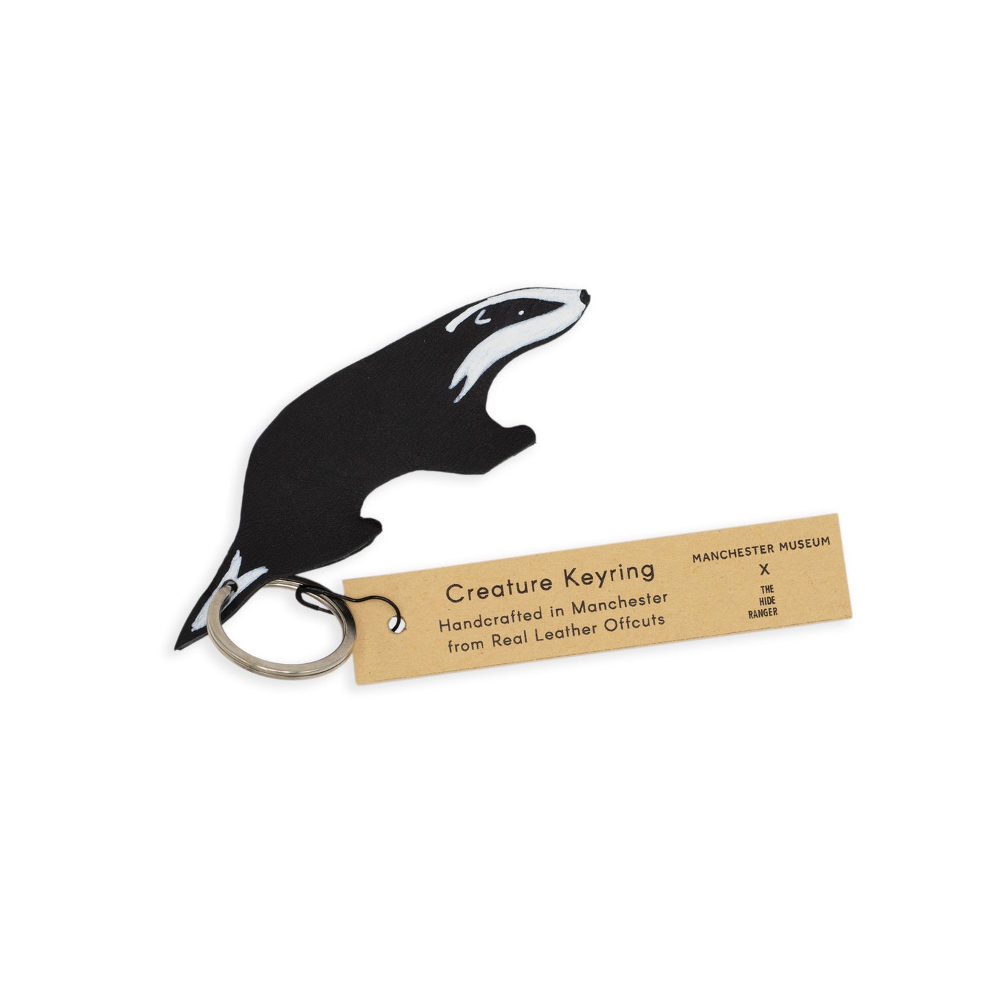 Leather keyring in the shape of a badger - with a Hide Ranger label. 