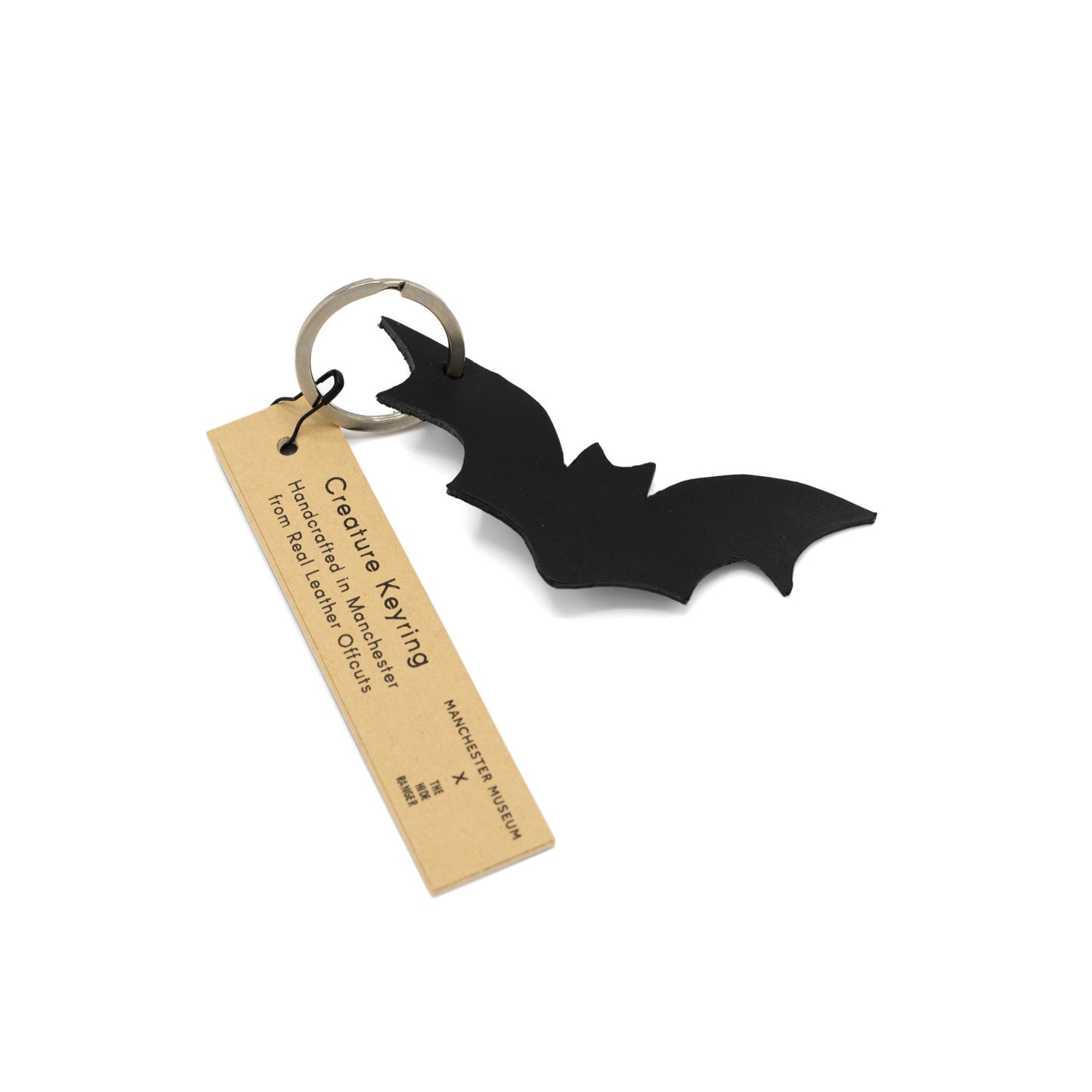 Leather keyring in the shape of a bat - with a Hide Ranger label. 