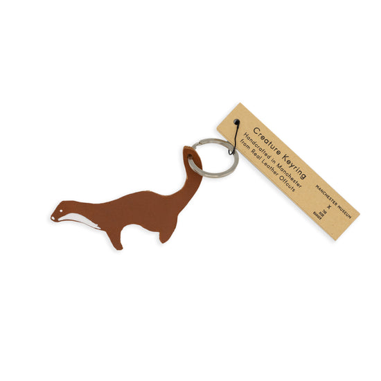 Leather keyring in the shape of a weasel - with a Hide Ranger label. 