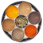 A stainless steel spice tray with six small metal bowls containing assorted whole and ground spices, including turmeric, cumin, mustard seeds, and coriander, arranged on a white background.