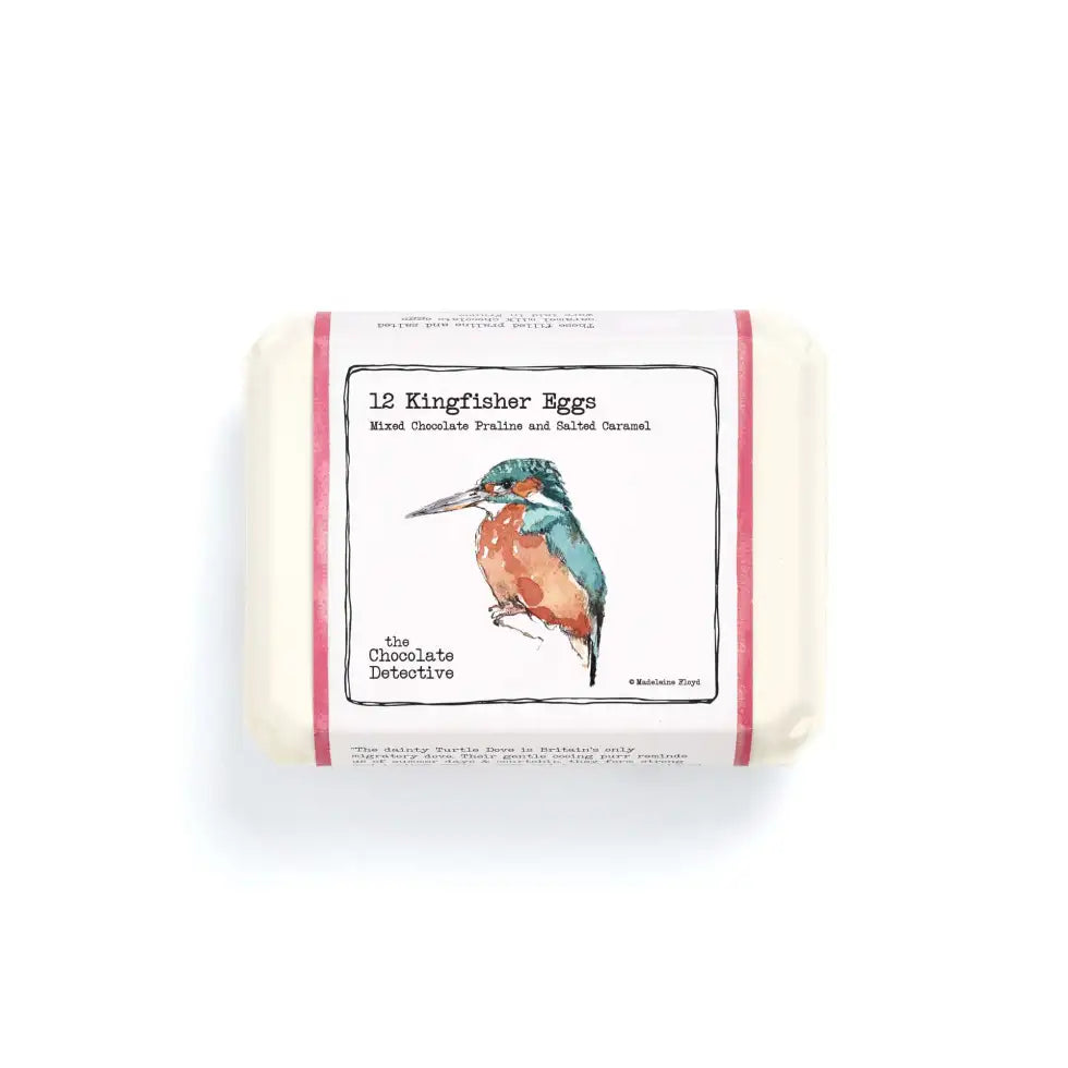 Top down view of the kignfisher chocolate egg box with a kignfisher illustration on the front.