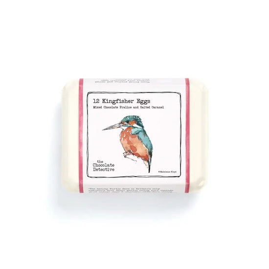 Top down view of the kignfisher chocolate egg box with a kignfisher illustration on the front.