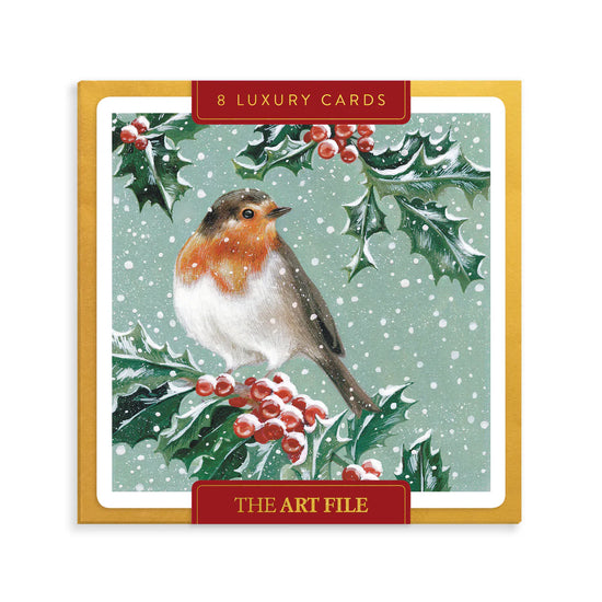 Greetings card set with front cover showing a robin in perched on a branch in a snowy setting.