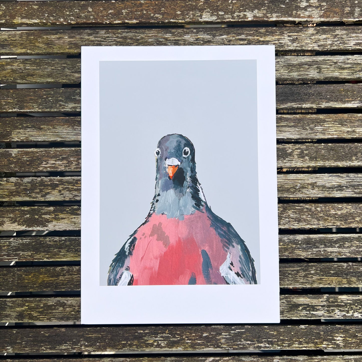 Print illustration of a pigeon photographed from above on a wooden table.