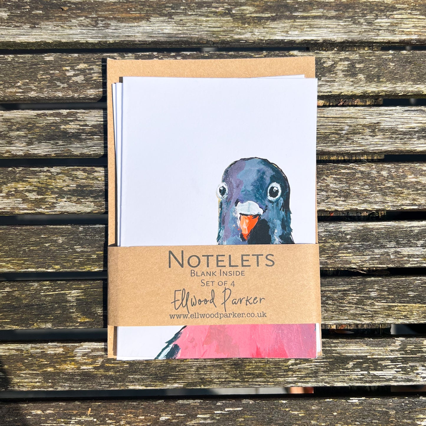 Set of 4 notelets with an illustration of a pigeon and a brown card belly band wrapper photographed from above on a wooden table.