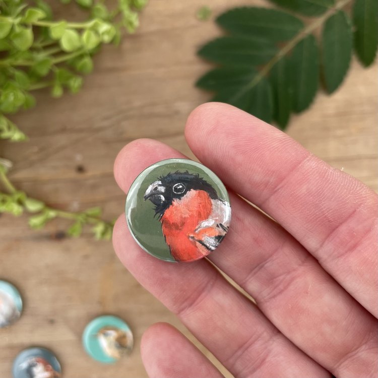 A person holding a badge with an illustration of a bullfinch above a tabletop 