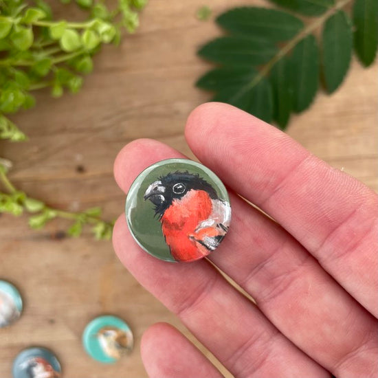 A person holding a badge with an illustration of a bullfinch above a tabletop 