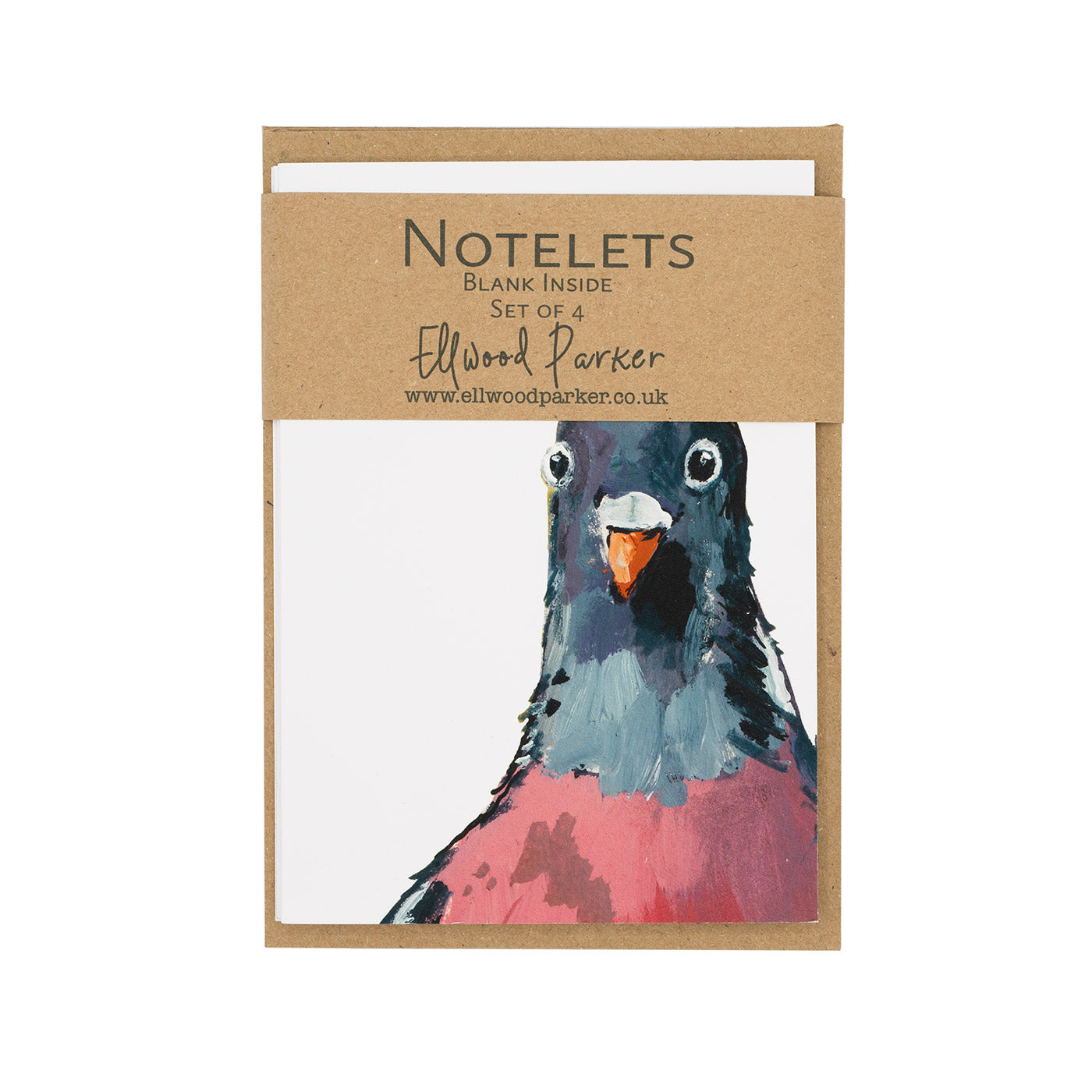 Photo of notelet pack featuring an illustration of a Pigeon with a brown belly band.