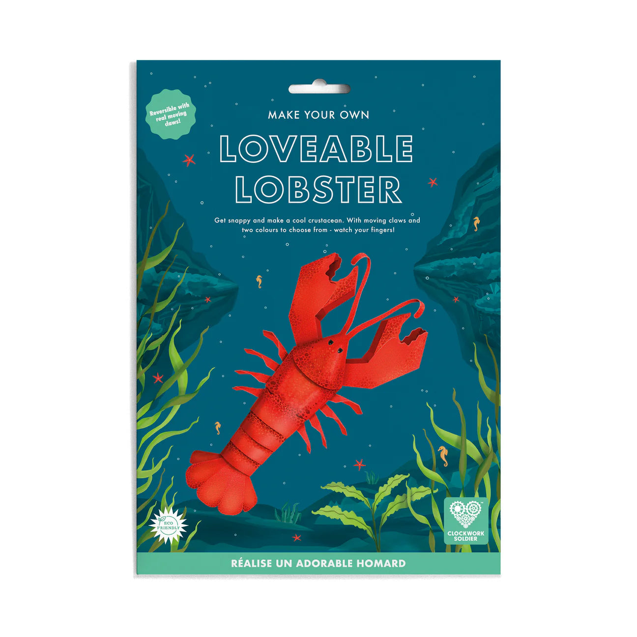 Packaging for a loveable lobster craft kit featuring an illustration of a lobster.