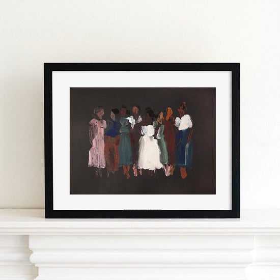 Load image into Gallery viewer, A reproduction of an artwork by Michelle Olivier. An abstract colourful painting of women stood side by side. Print is within a black frame on a cream mantlepiece.
