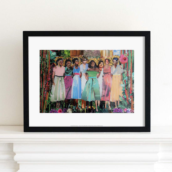 Reproduction of an artwork by Michelle Olivier. A reworked photograph of 8 women side by side, surrounded by photomontage flowers. The reproduction is placed in a white framed on a cream mantlepiece.