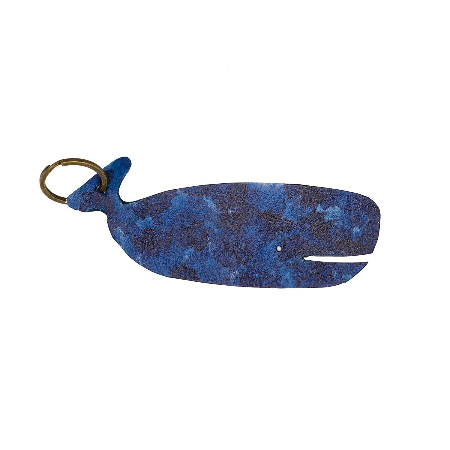Blue whale-shaped keychain on a white background