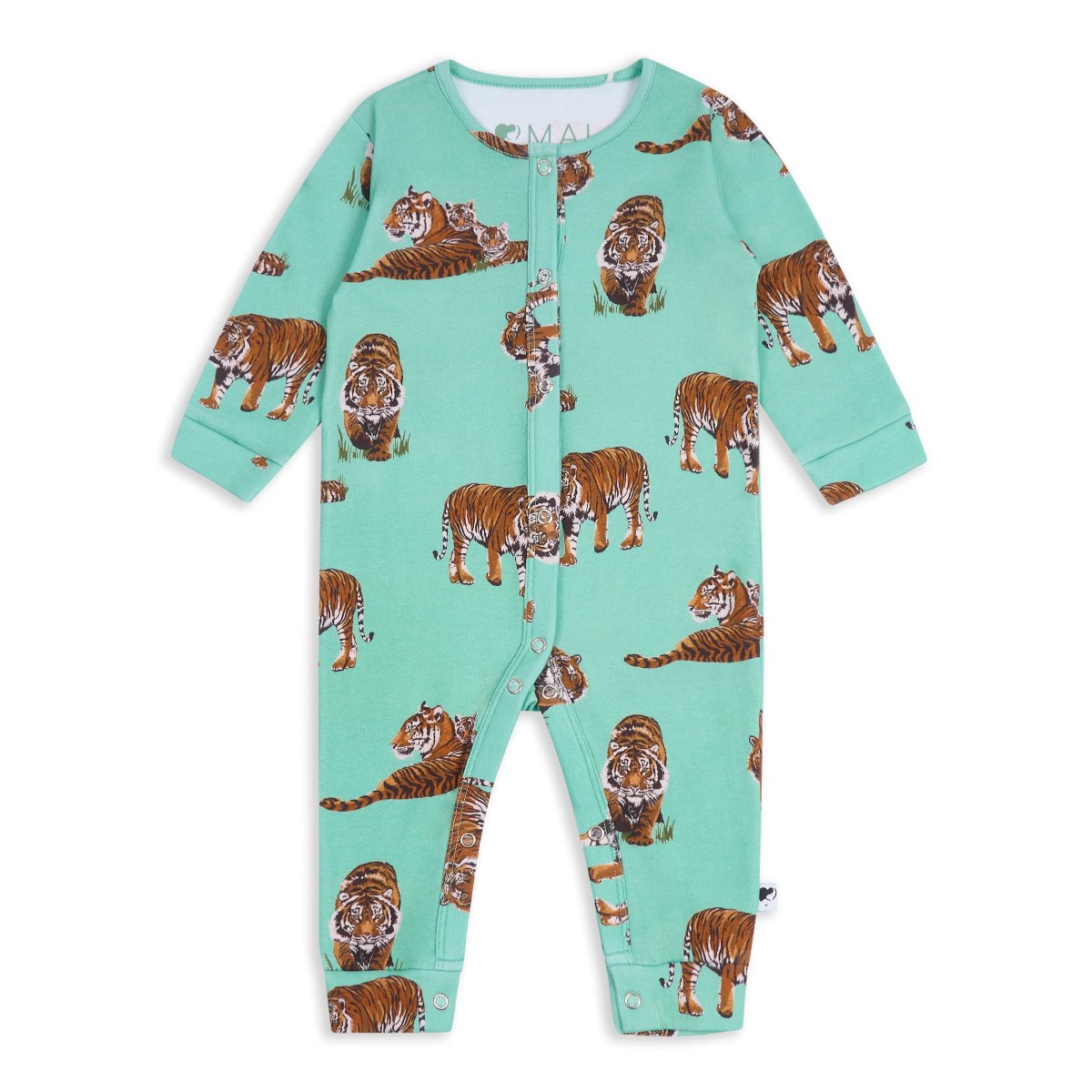 Mint green baby romper with all over tiger print.